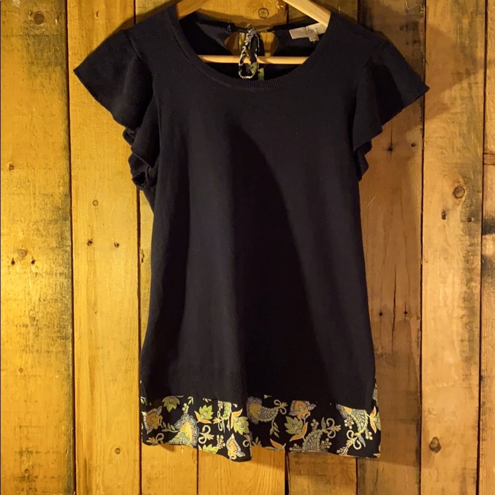 Ann Taylor Loft Navy Printed Knit Ruffle Blouse